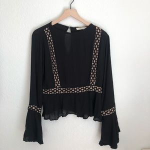 Black/Nude Bell Sleeve Blouse Lace Detail